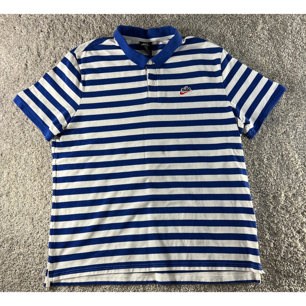 Nike Mens Striped Polo Shirt Blue White Short Sleeve Cotton XXL
